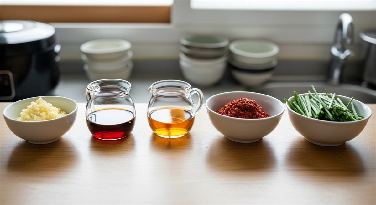 오이소박이 양념 재료를 소분해 정리한 주방 장면 