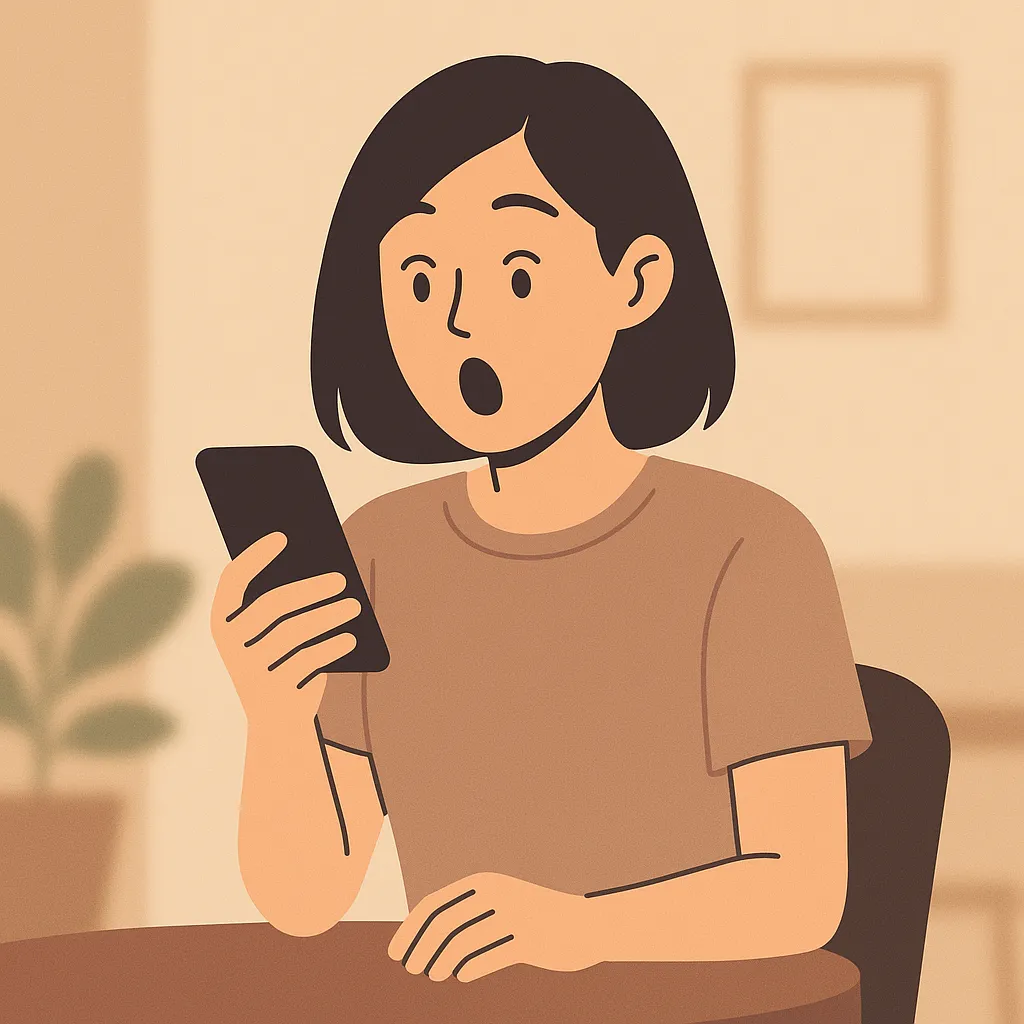 스마트폰 알림을 보고 놀라는 여성