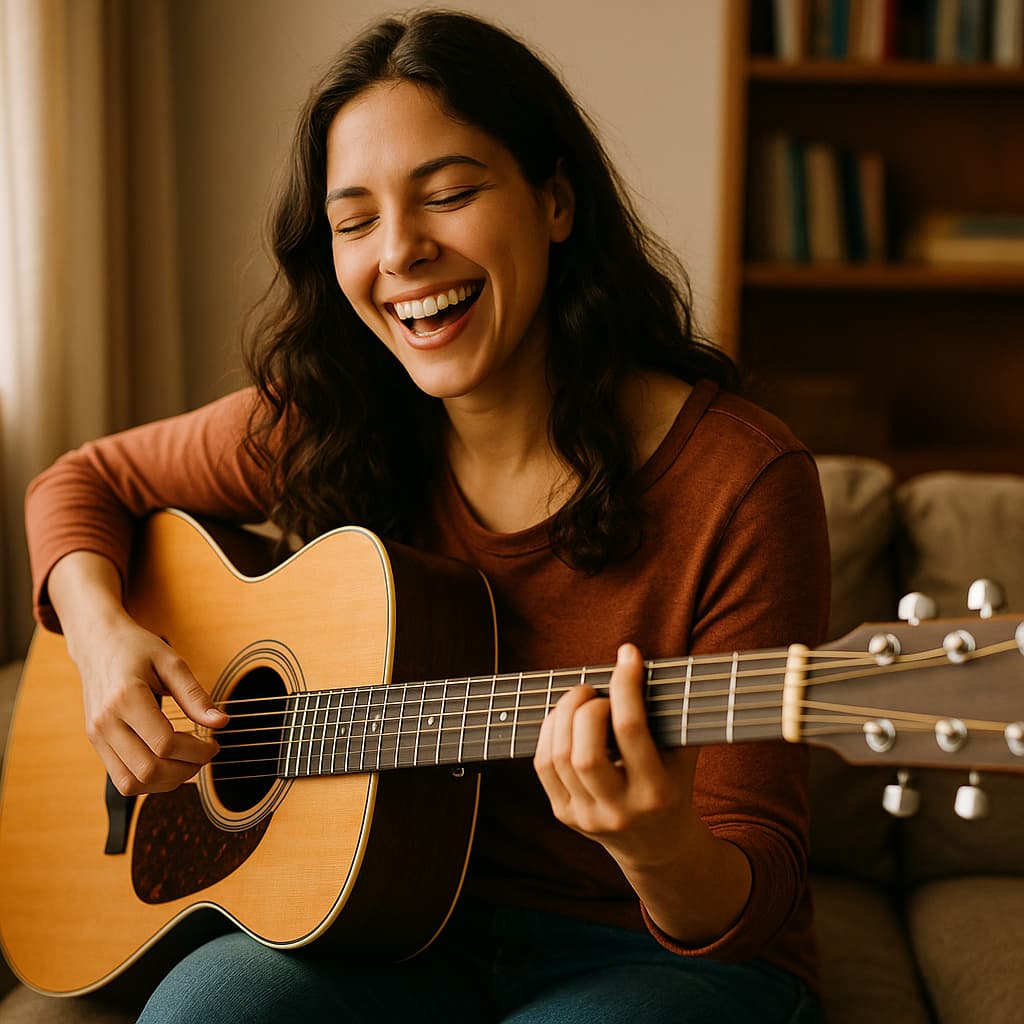 어쿠스틱 기타 연주를 즐기는 연주자 이미지