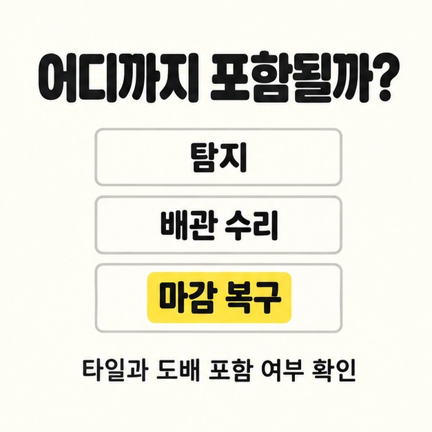 탐지와 배관 수리, 마감 복구를 세로로 배치하고 타일과 도배의 포함 여부를 확인하도록 안내한 카드