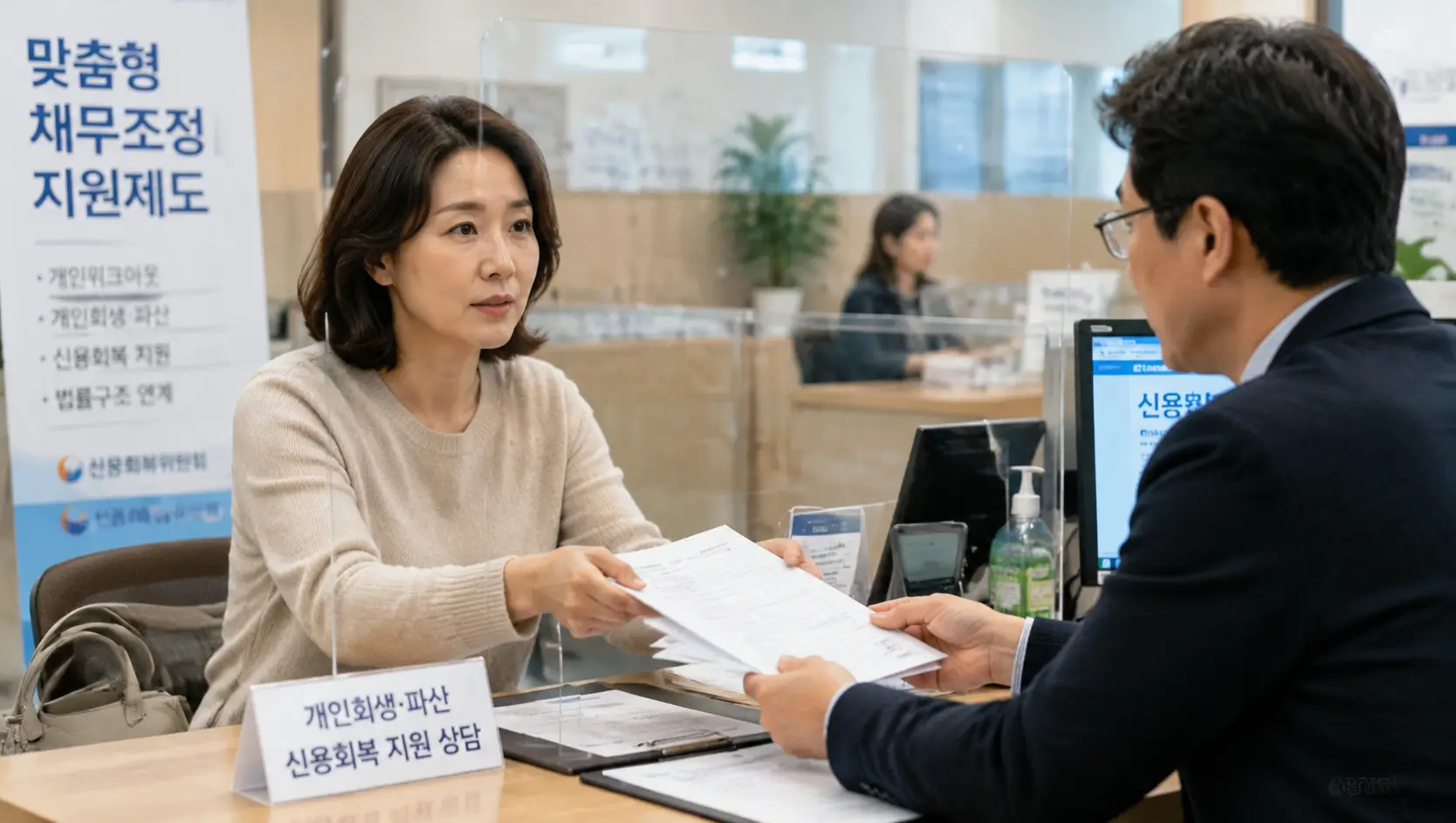 서민금융통합지원센터 창구에서 40대 여성이 여러 장의 카드 명세서를 제출하며 진지하게 상담받는 모습