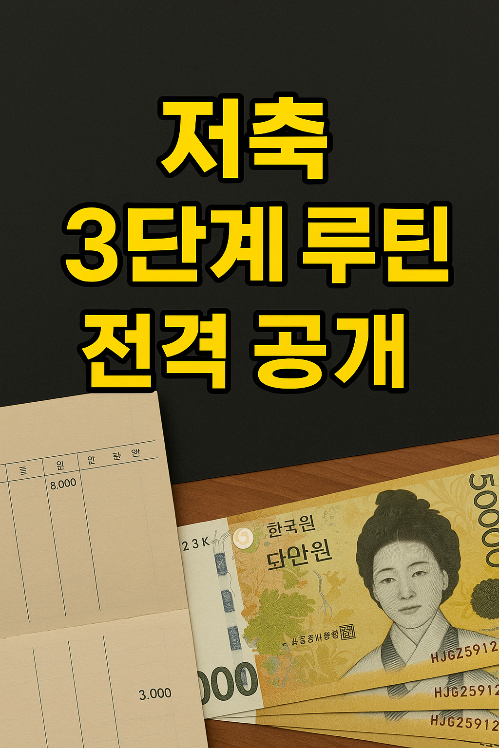 저축 3단계 루틴 전격 공개라는 문구와 함께 한국 5만 원권 지폐와 통장이 나란히 배치된 이미지