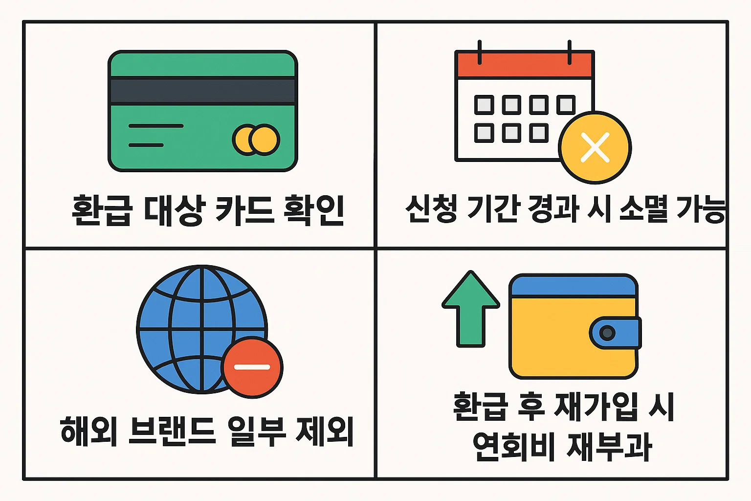 환급 대상 카드 확인, 신청 기한 경과 시 소멸, 해외 브랜드 일부 제외, 재가입 시 연회비 재부과 등 유의사항을 정리한 인포그래픽입니다.