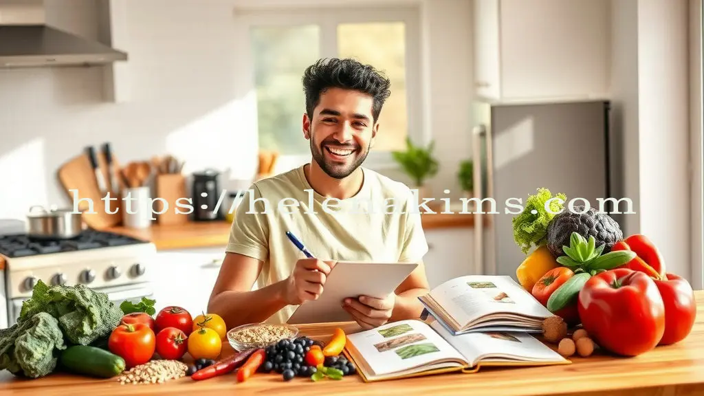 한 남성이 나무 식탁 위에 식재료들과 과일을 놓고 노트에 적고 있는 모습.