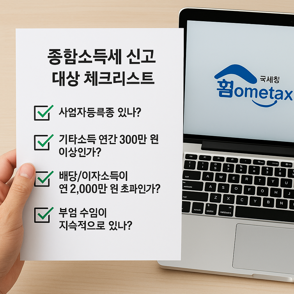 홈택스 웹사이트에서 종합소득세 신고 메뉴를 확인하고 있는 노트북 화면과 손을 올리고 있는 사용자 모습.