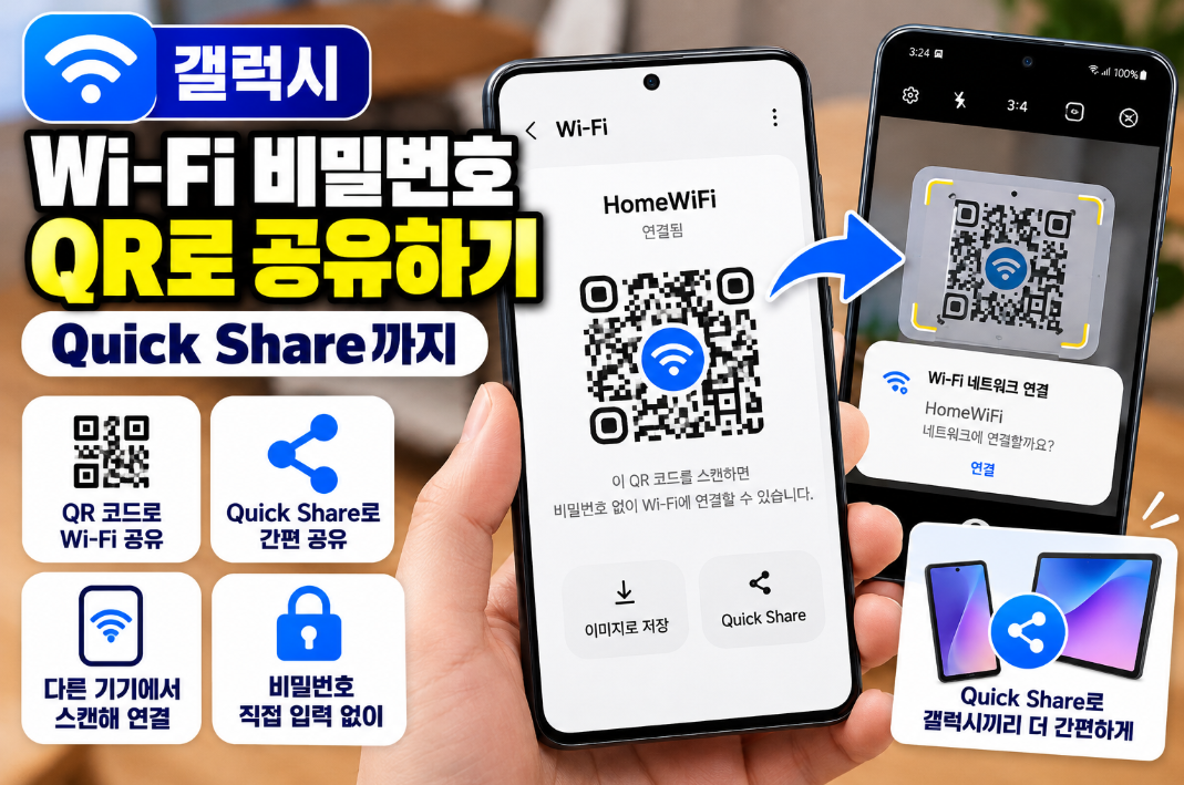 갤럭시에서 Wi-Fi 비밀번호를 QR 코드로 공유하는 화면