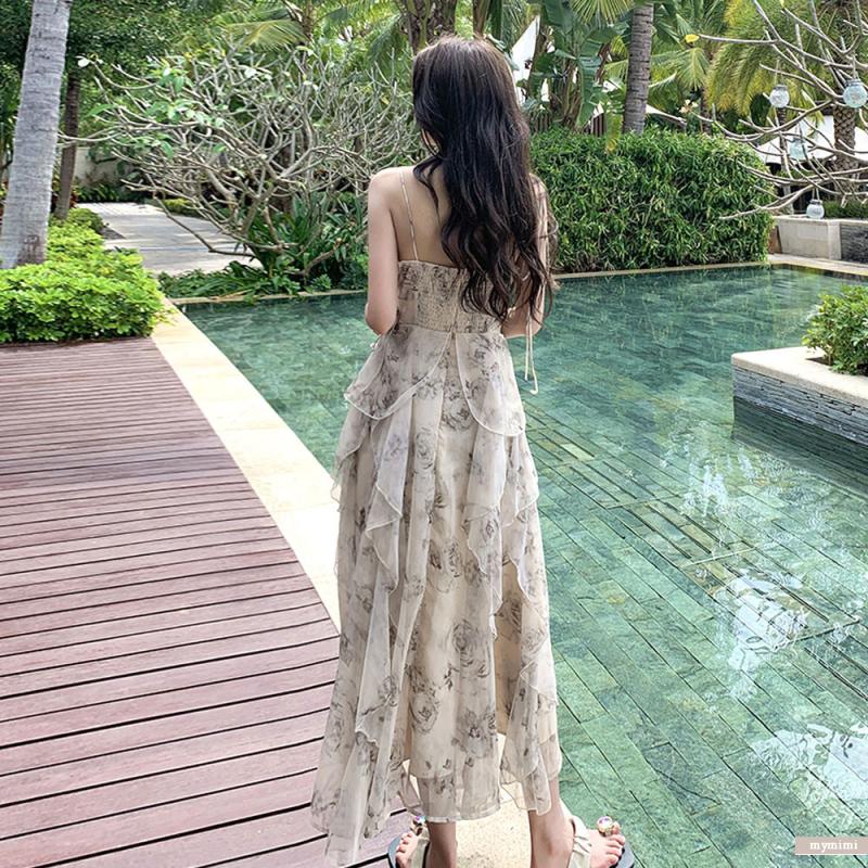 프릴플라워 여름 민소매 나시 롱원피스 마이미미 바캉스 휴가 비치드레스 휴양지원피스 뷔스티에 원피스