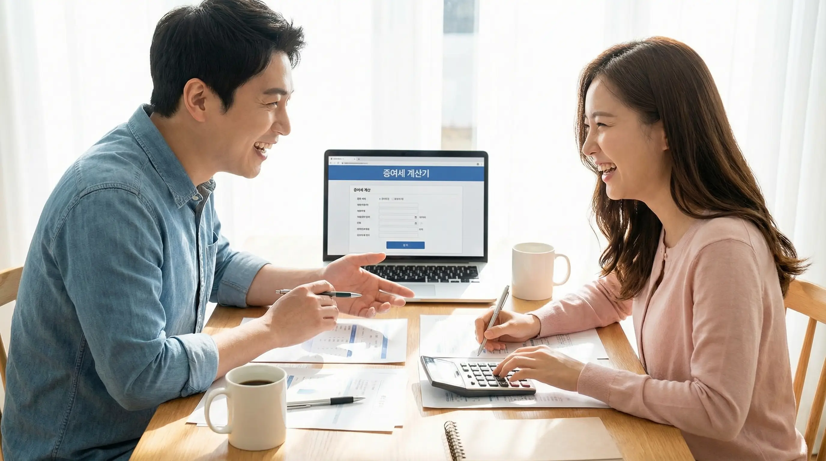 한국인 30대 부부가 노트북 화면에 띄운 증여세 계산기를 보며 함께 계산기를 두드리고 서류를 정리하는 밝은 분위기