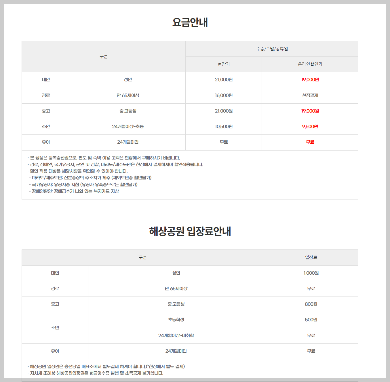 마라도 배편 해상공원 입장료