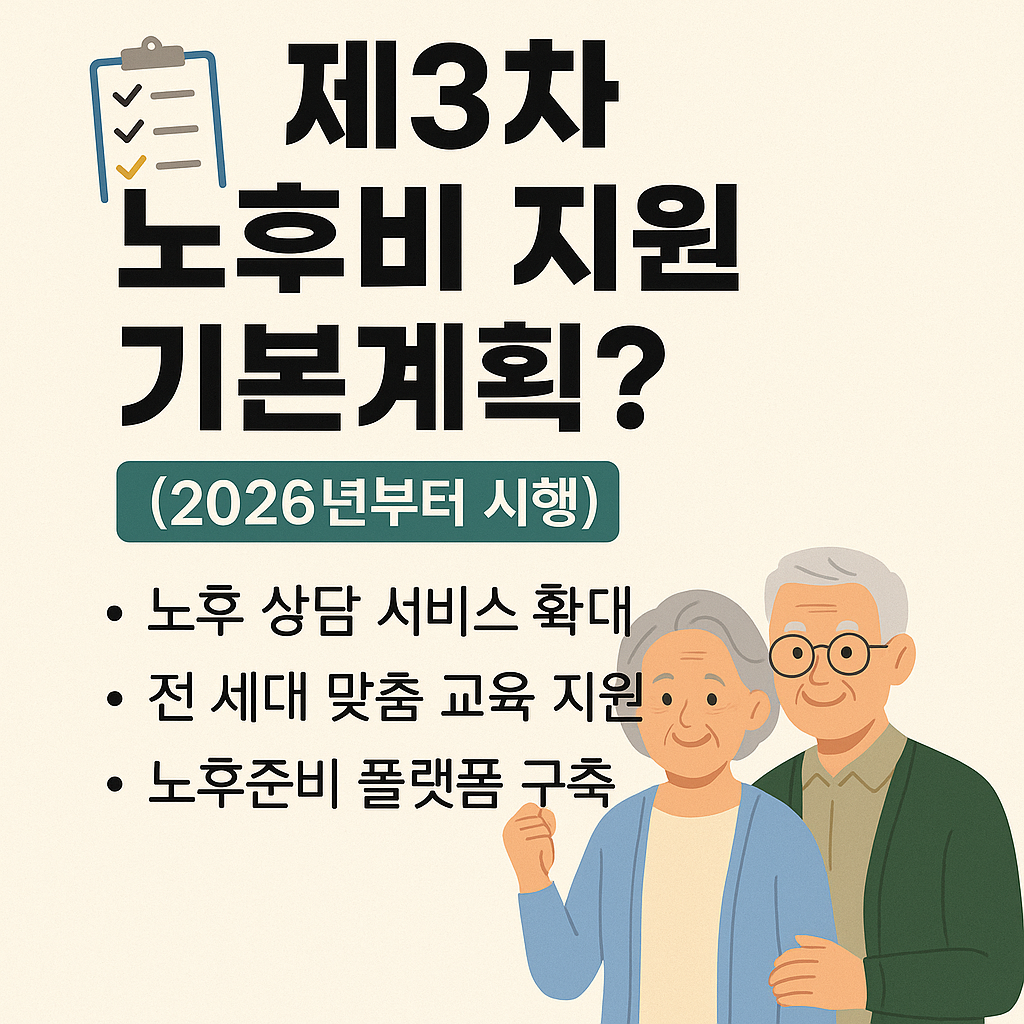 2026년 시행 제3차 노후준비 지원 기본계획 인포그래픽: 노후 상담 서비스 확대, 전 세대 맞춤 교육, 플랫폼 구축 안내