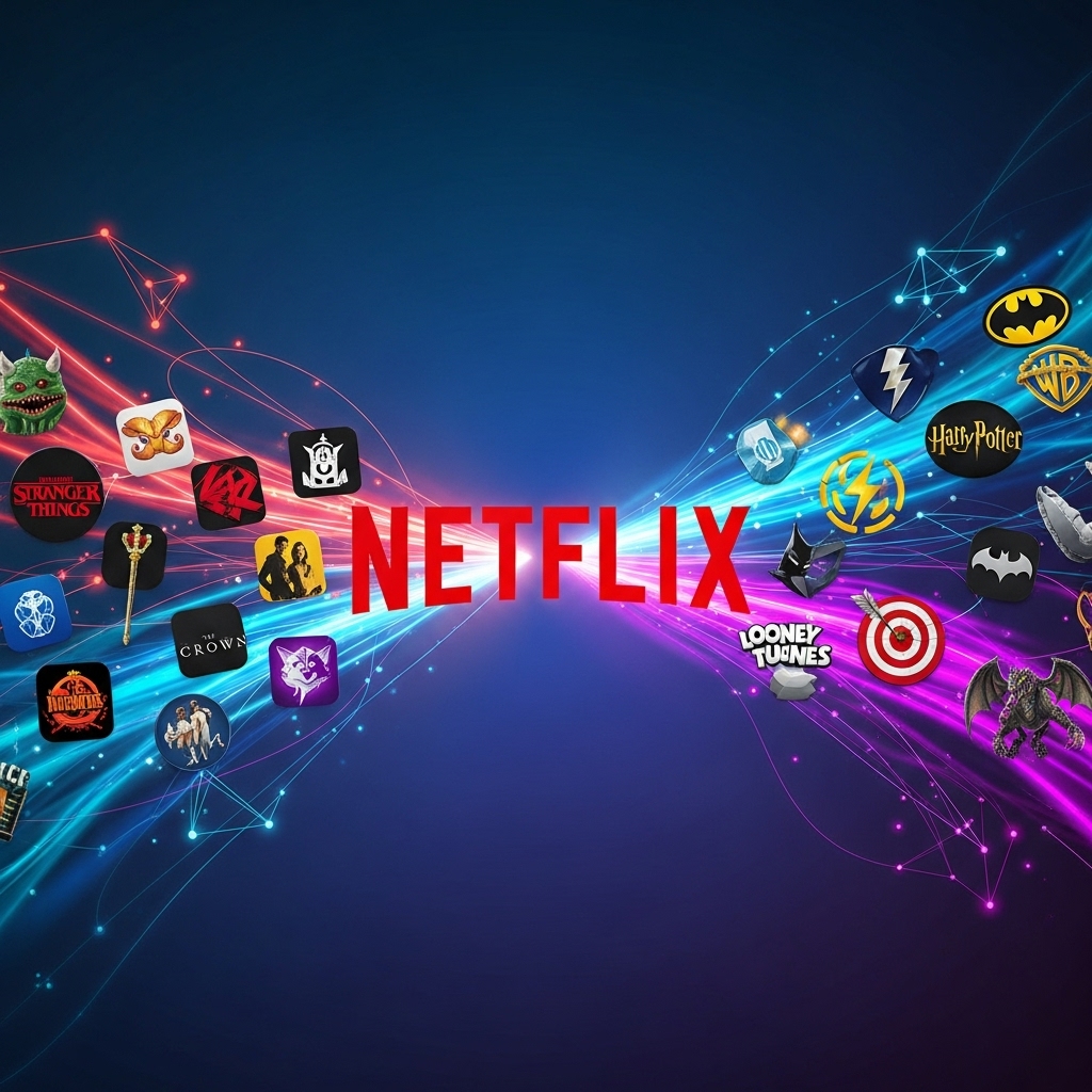 넷플릭스와 워너 브라더스의 콘텐츠가 하나의 플랫폼으로 통합되는 모습을 시각화한 디지털 일러스트. 다양한 콘텐츠 아이콘들이 넷플릭스 로고로 흡수되는 네트워크를 보여줍니다.