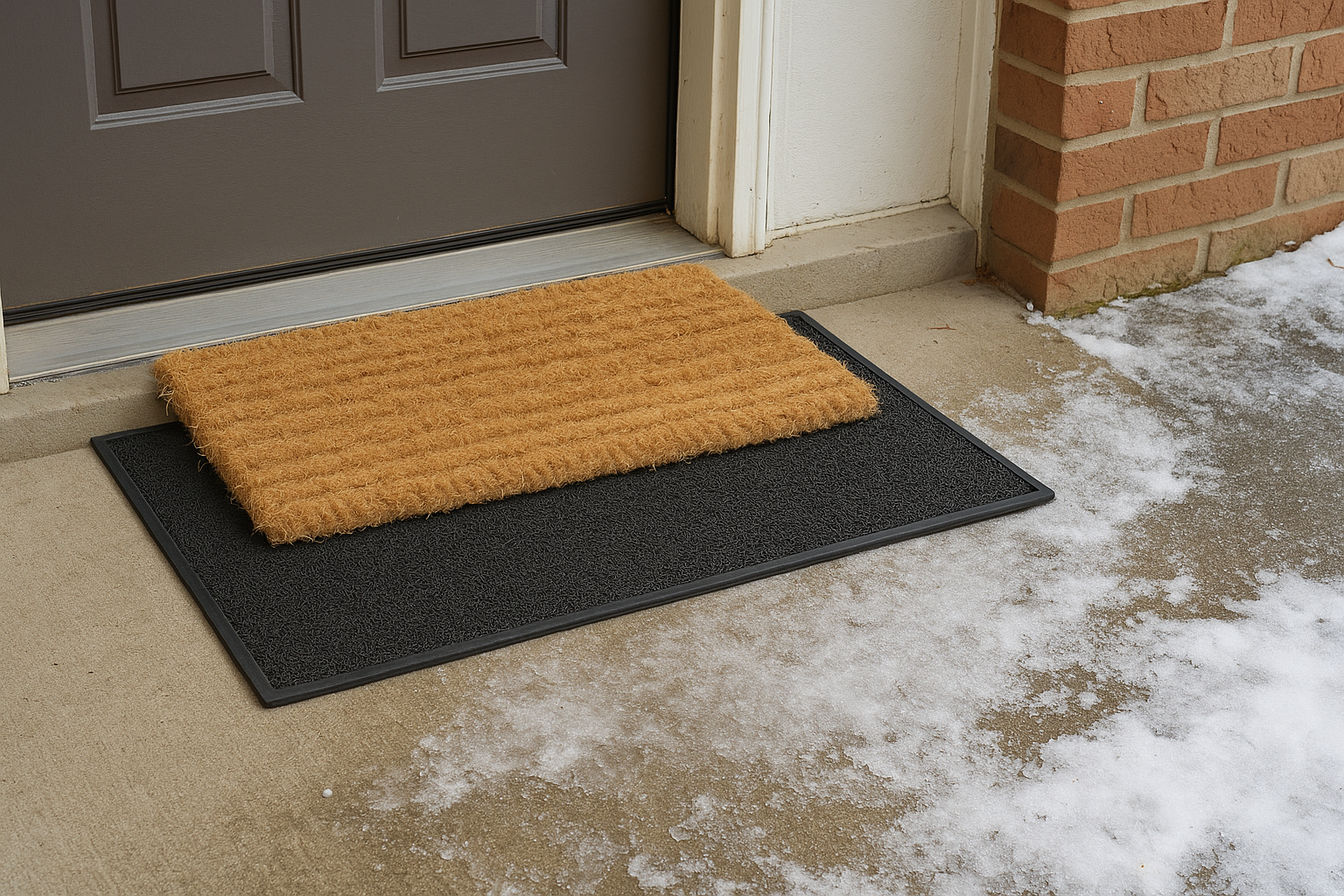 겨울 현관 앞에 코일형 매트와 코이어 매트를 2단으로 배치한 모습