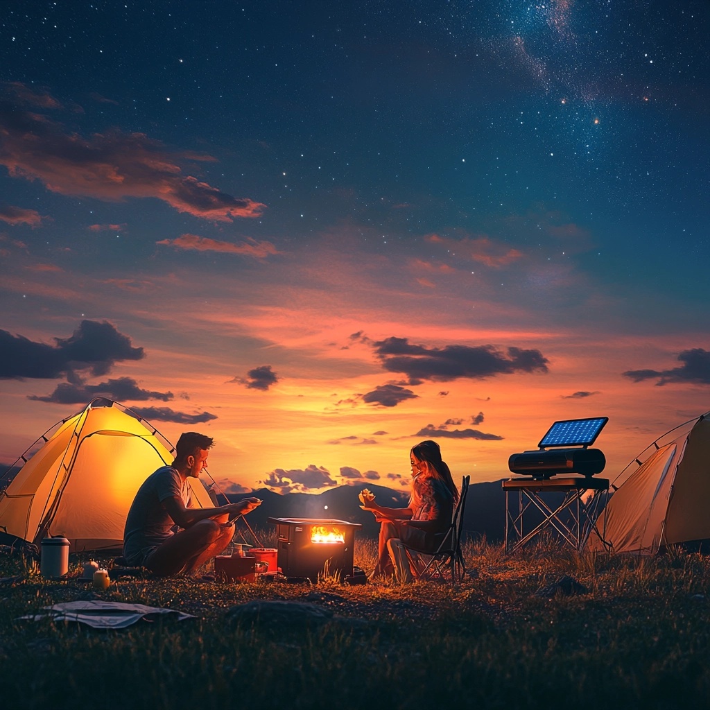 노을 진 캠핑장에서 남자와 여자가 캠프파이어를 하고 있는 모습
