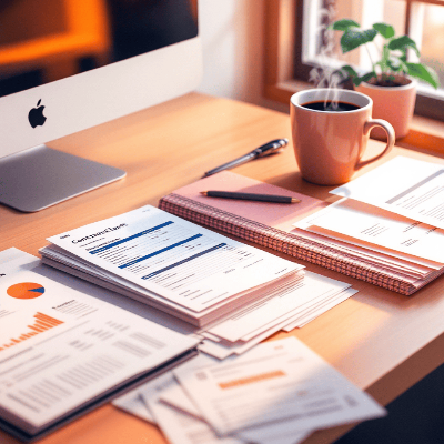 책상위-컴퓨터와-커피-서류들이-놓여져-있음