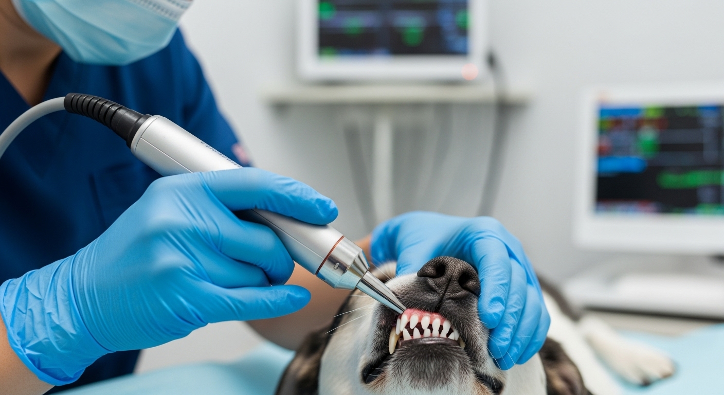 수의사가 마취된 강아지의 치아를 전문 장비로 안전하게 스케일링하는 모습