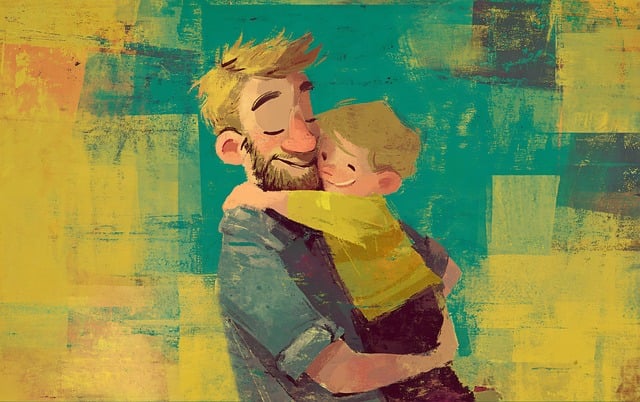 아빠와 아들이 포옹하는 일러스트 사진