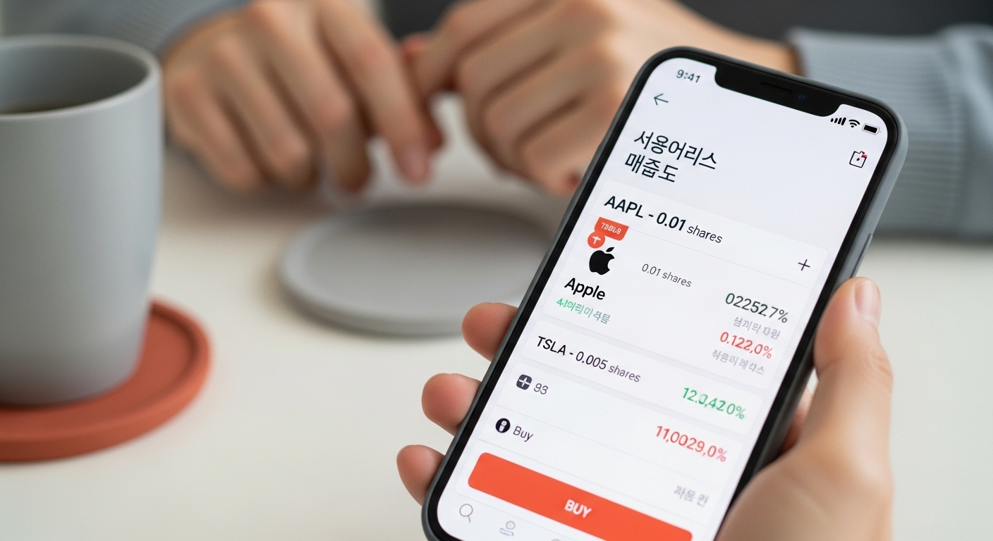 스마트폰 앱에서 해외 주식 소수점 투자를 하는 화면. 소액으로도 글로벌 기업에 투자하는 모습을 보여줌.