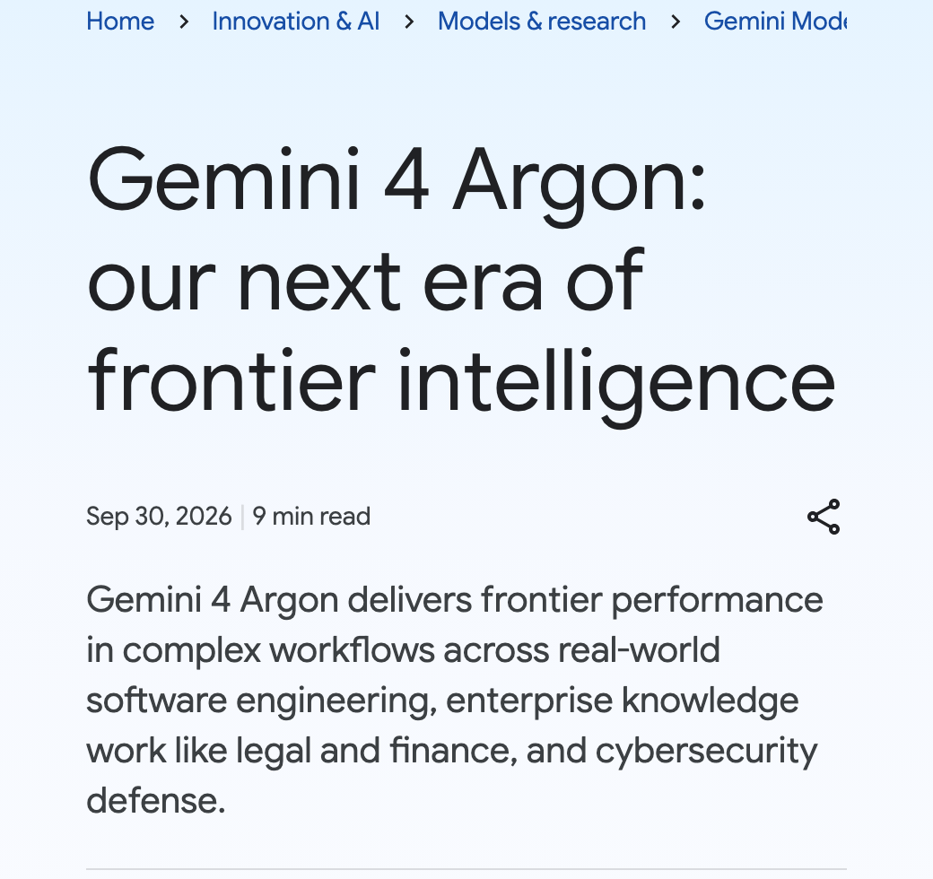 구글 공식 블로그에 2026년 9월 30일 올라온 Gemini 4 Argon 발표 글 제목과 요약이 보이는 화면