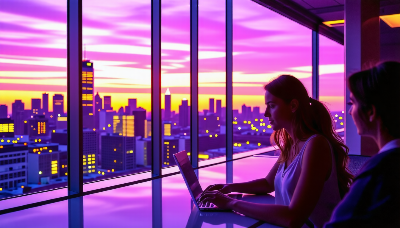 보라색-노을이-드리워진-창문이-큰-고층빌딩에-노트북을-하고-있는-여자의-모습-이미지-생성-뤼튼