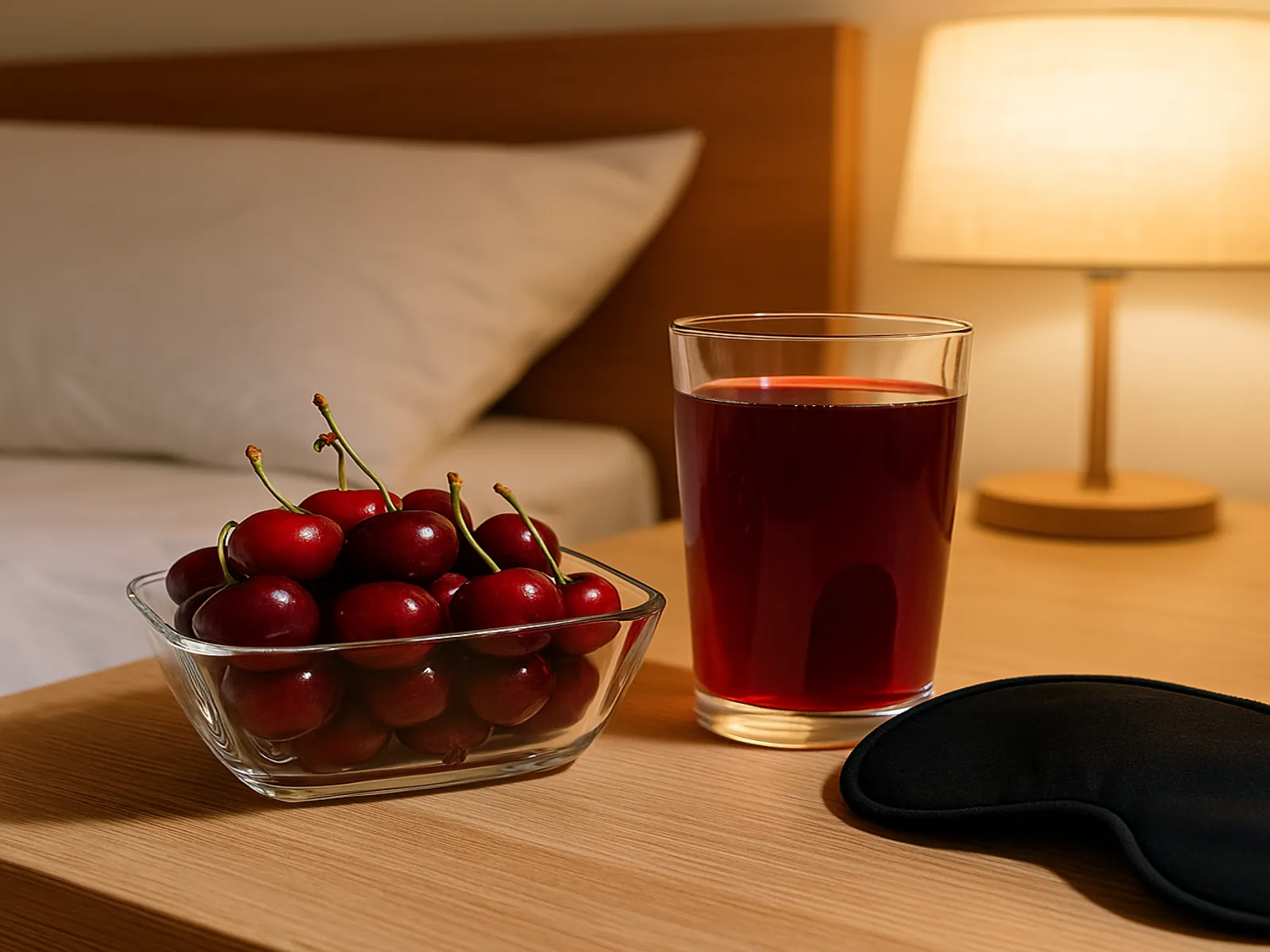 체리 한 컵과 체리 주스, 침대 머리맡 조명과 수면안대가 있는 숙면 장면