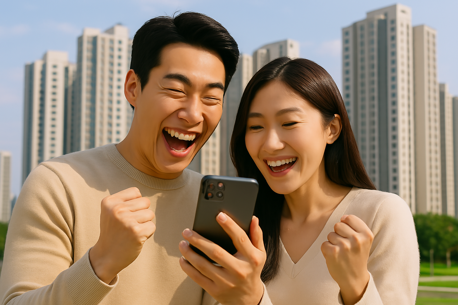 서울은평뉴타운디에트르더퍼스트 앞에서 신혼부부가 대출 관련 84타입 분양가 정보를 스마트폰으로 확인하고 기뻐하는 장면