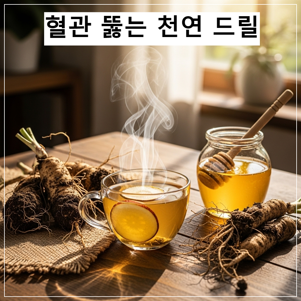 따뜻한 김이 모락모락 나는 더덕 꿀차와 신선한 더덕 뿌리 이미지