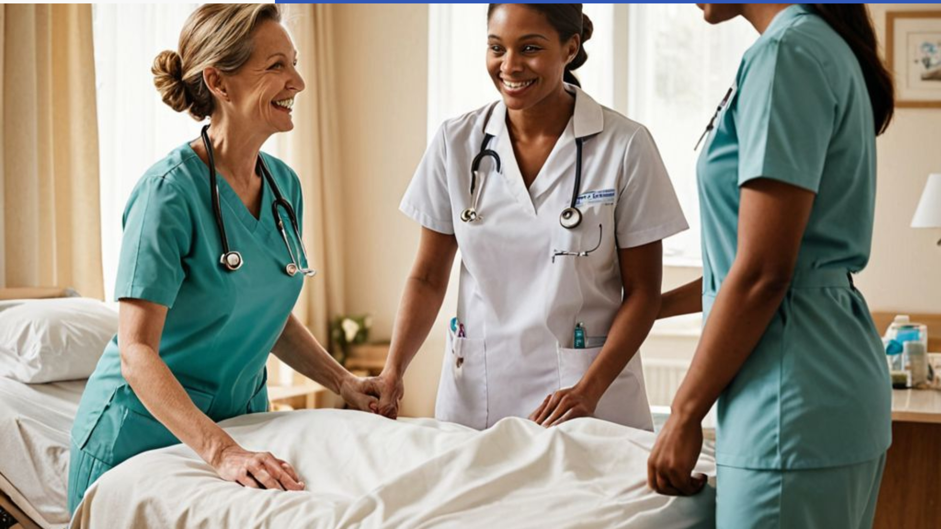 호스피스 병동에서 웃으며 대화하는 간호사들