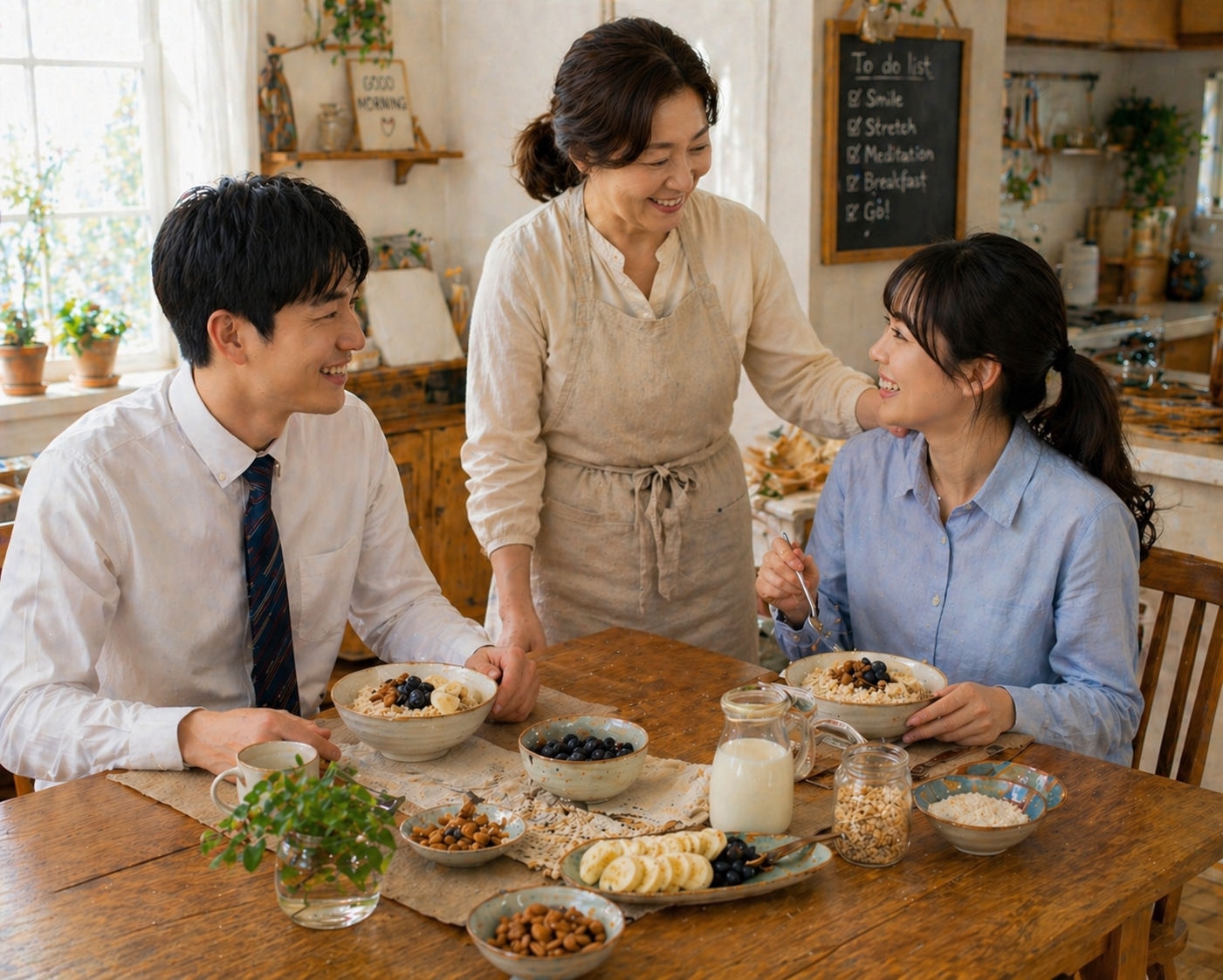 엄마가 딸의 어깨에 손을 얹고 출근하는 자녀들과 함께 아침 식사를 나누는 따뜻한 가족 식탁 장면
