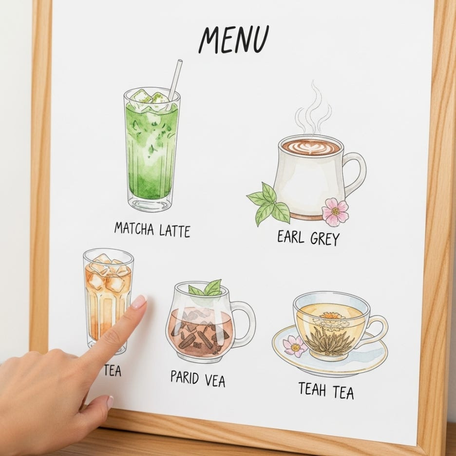 메뉴판을 보며 음료를 고민하는 따뜻한 분위기의 장면