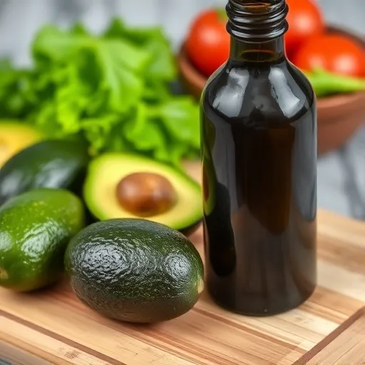어두운 유리병에 담긴 신선한 엑스트라 버진 올리브유와 잘 익은 아보카도 몇 개가 나무 도마 위에 놓여 있습니다. 뒤편에는 간단한 샐러드 재료(토마토, 양상추 등)가 배경으로 희미하게 보입니다.