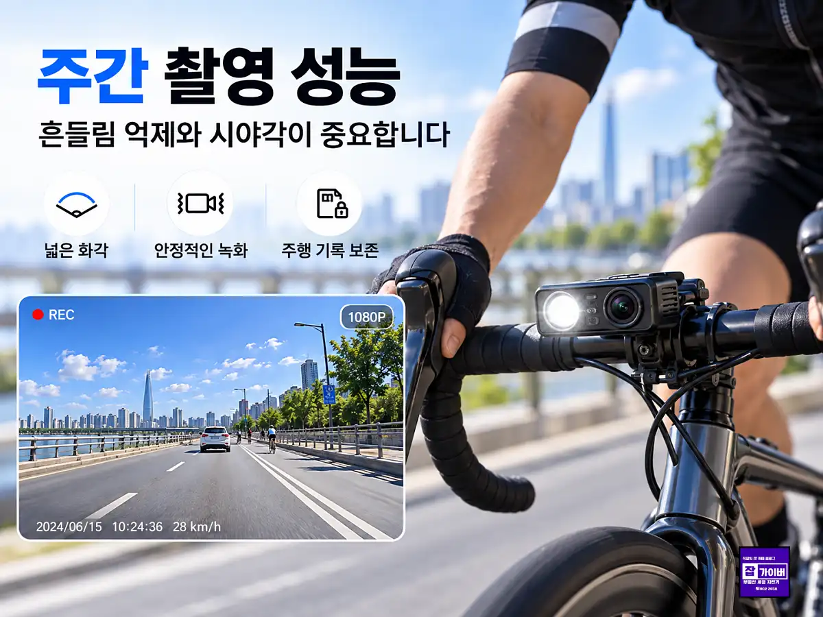 자전거 블랙박스 주간 촬영 성능 번호판 식별 화각 손떨림보정 비교
