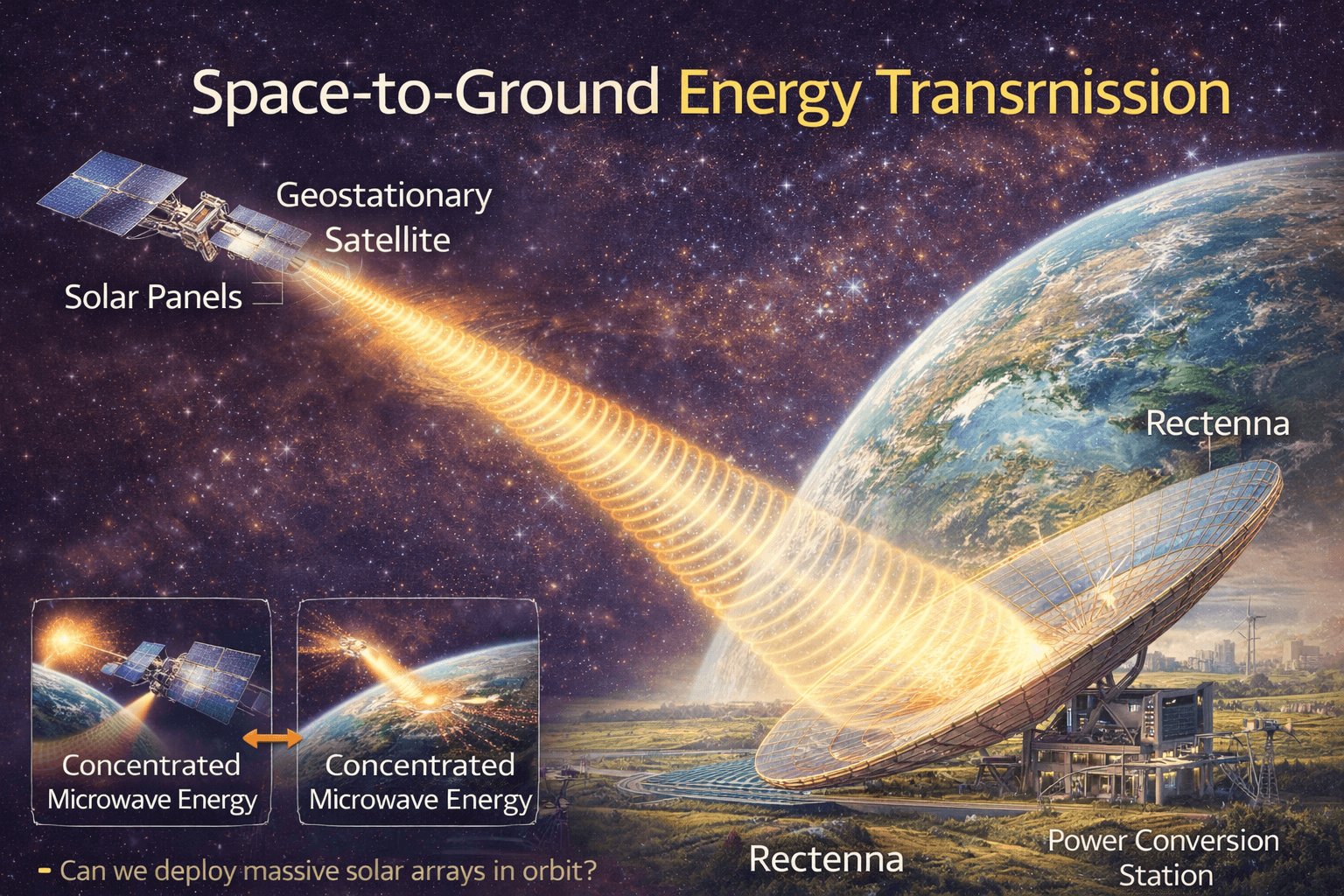 정지궤도 위성에서 지상 렉테나로 에너지가 전송되는 전체 메커니즘 이미지