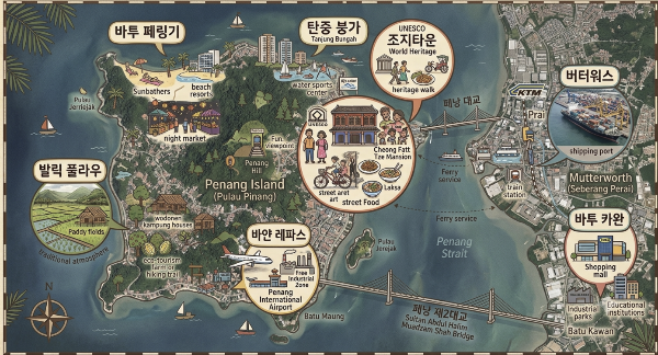 페낭의 주요 도시 위치와 대표 이미지