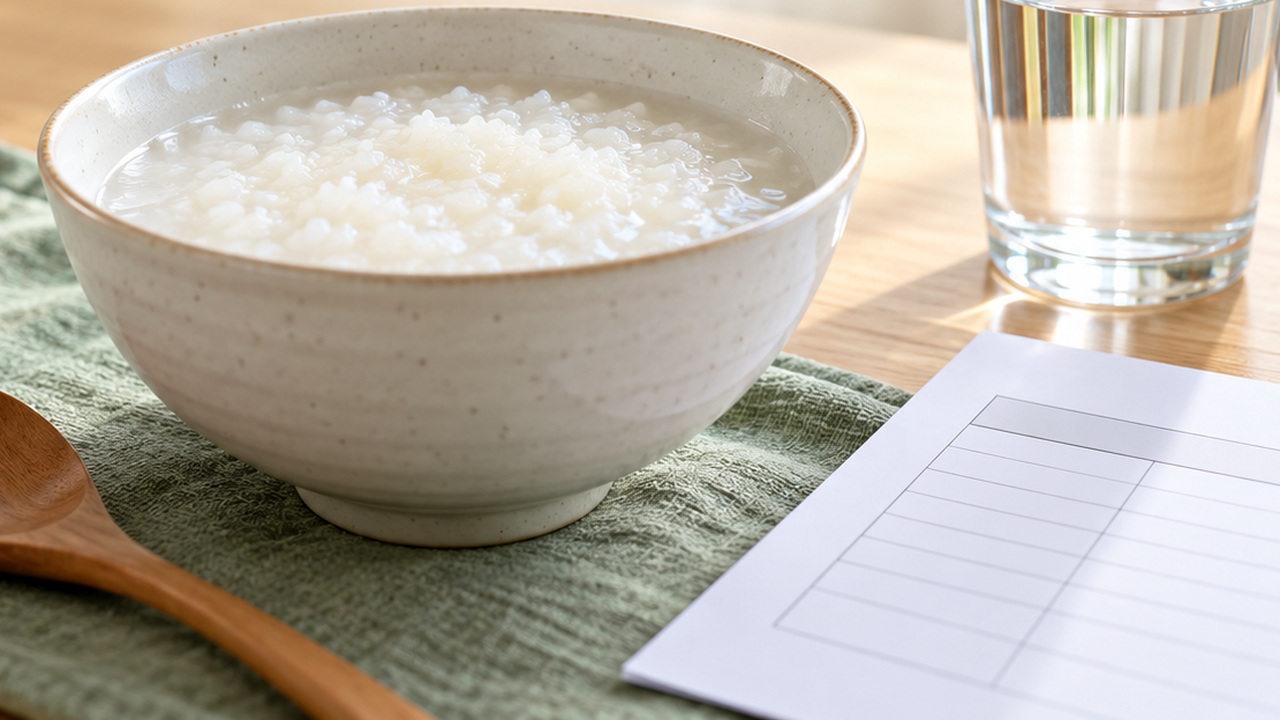밝은 식탁 위에 흰죽과 계란찜, 두부, 물잔을 준비한 모습