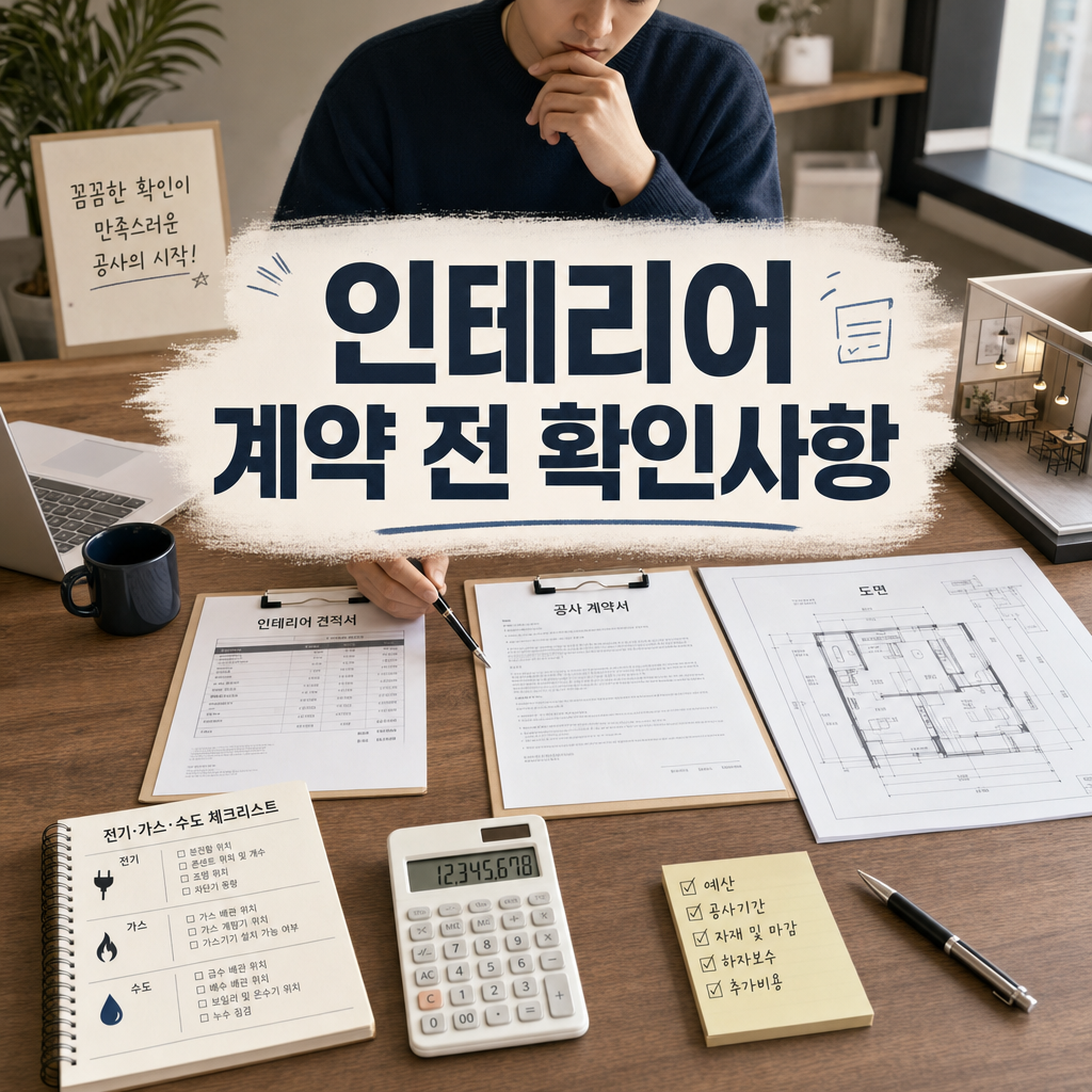 인테리어 계약 전 견적서와 공사범위, 추가비용을 확인하는 예비 창업자 이미지