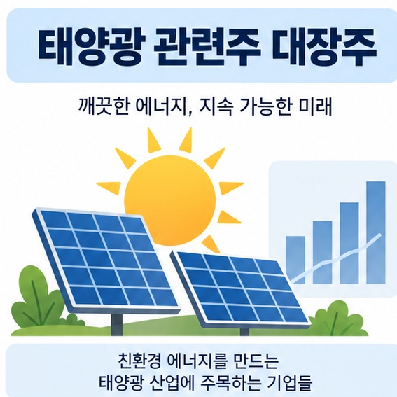 태양광 패널과 국내 주식시장 아이콘 위에 태양광 관련주 대장주 문구가 표시된 대표 이미지