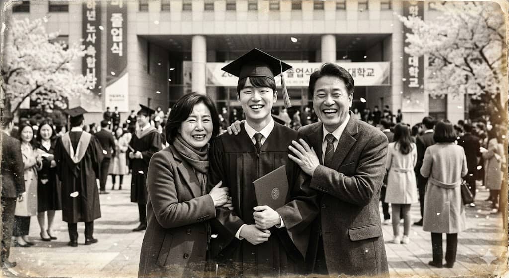 파일명:
1966_2026_graduation_family_photo_bw_korea.jpg
Alt 태그:
"졸업 가운 학사모 대졸 초임 60년 변천사 흑백 가족사진 대학교 정문 배경 부모님과 함께 졸업식 현장 감동"