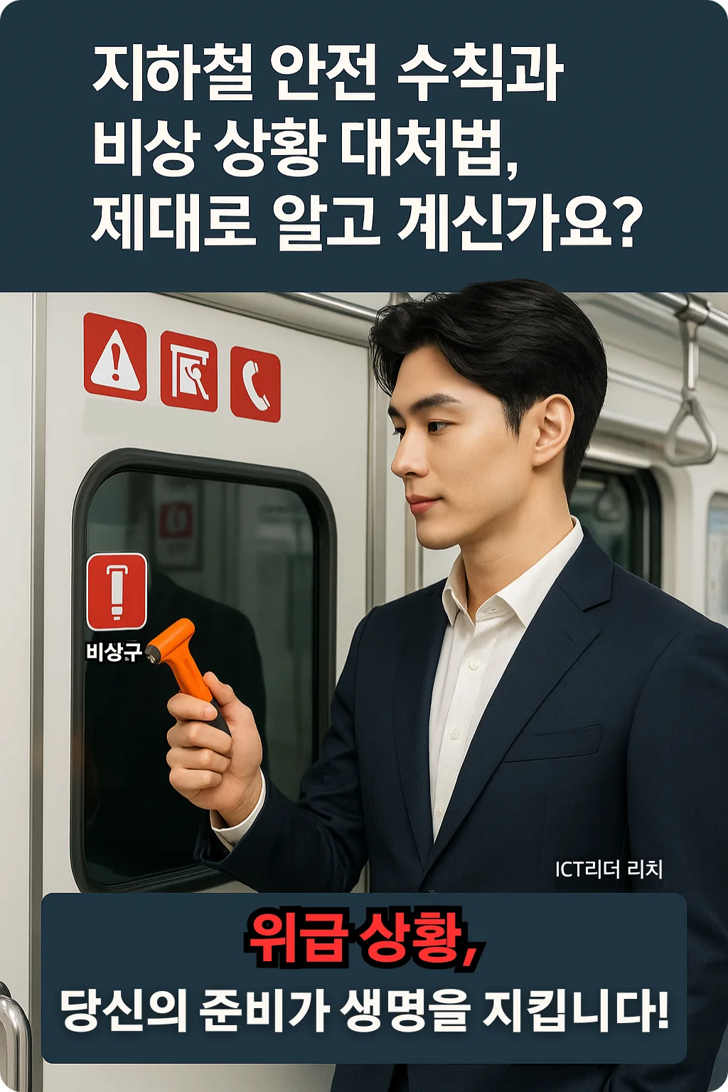 지하철 비상 망치와 통화 버튼을 확인 중인 20대 남성의 안전 인포그래픽