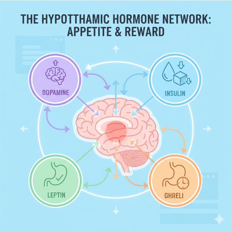 뇌의 시상하부를 중심으로 네 가지 호르몬이 상호작용하는 모습을 보여주는 의학 인포그래픽. 중앙에 뇌 단면도와 시상하부가 있고, 주변에 도파민(보라색), 인슐린(파란색), 렙틴(초록색), 그렐린(주황색)이 화살표로 연결되어 상호작용을 표시. 각 호르몬 옆에는 해당 기능을 나타내는 아이콘(음식, 포만감, 배고픔 등)이 배치. 전문적이면서도 이해하기 쉬운 의료용 일러스트 스타일, 파스텔 톤의 다채로운 컬러