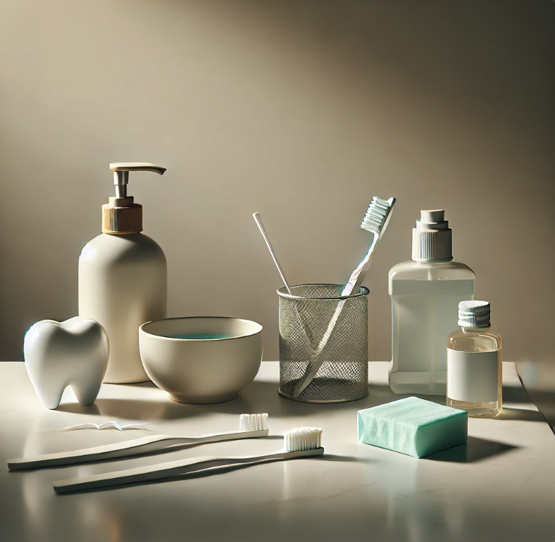 욕실 카운터 위의 개인 위생용품