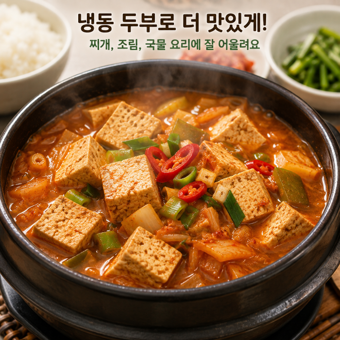 냉동 두부를 해동한 뒤 김치찌개와 조림 등 국물과 양념이 있는 두부 요리에 활용하는 모습을 보여주는 이미지