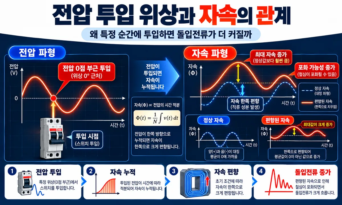 변압기 전압 투입 위상과 철심 자속 변화 관계