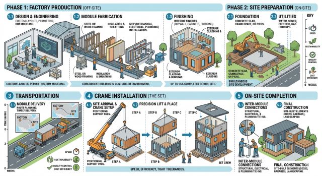 모듈러주택 건축 허가 절차와 설치 과정을 설명하는 인포그래픽 이미지