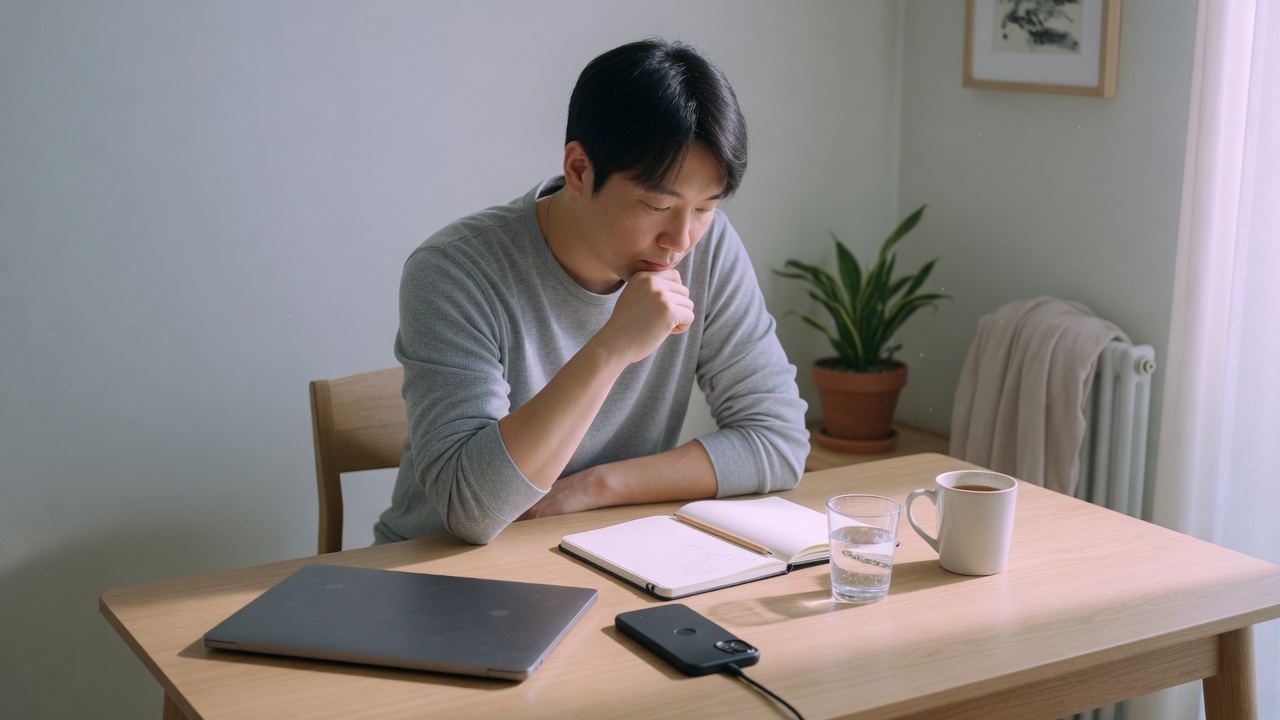 식탁 위에 놓인 서류와 휴대폰
