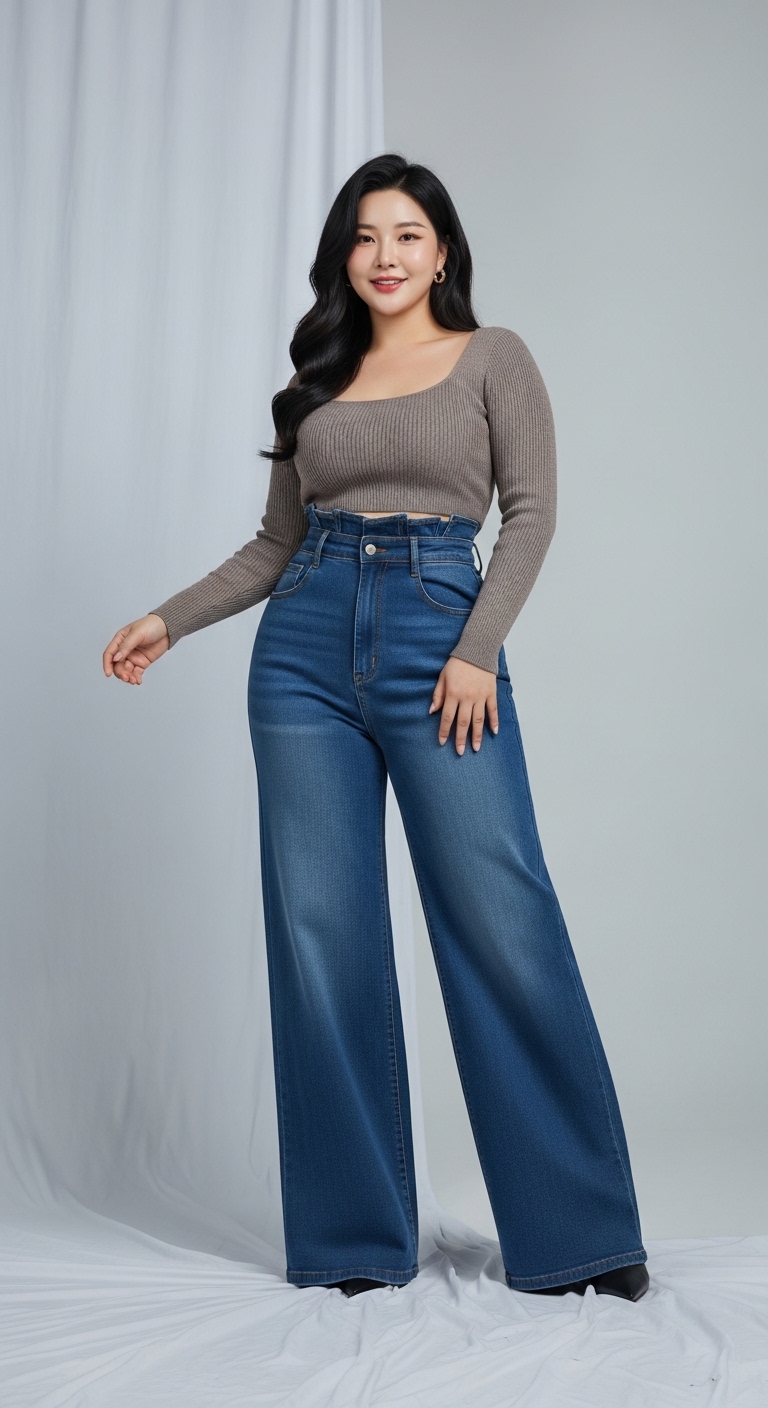 하이웨스트 팬츠를 입어 다리가 길어 보이는 모델의 코디 컷