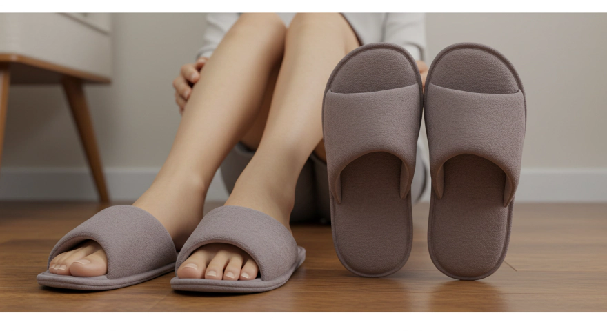 편안한 쿠션 슬리퍼를 신고 있는 한국인 중년 여성