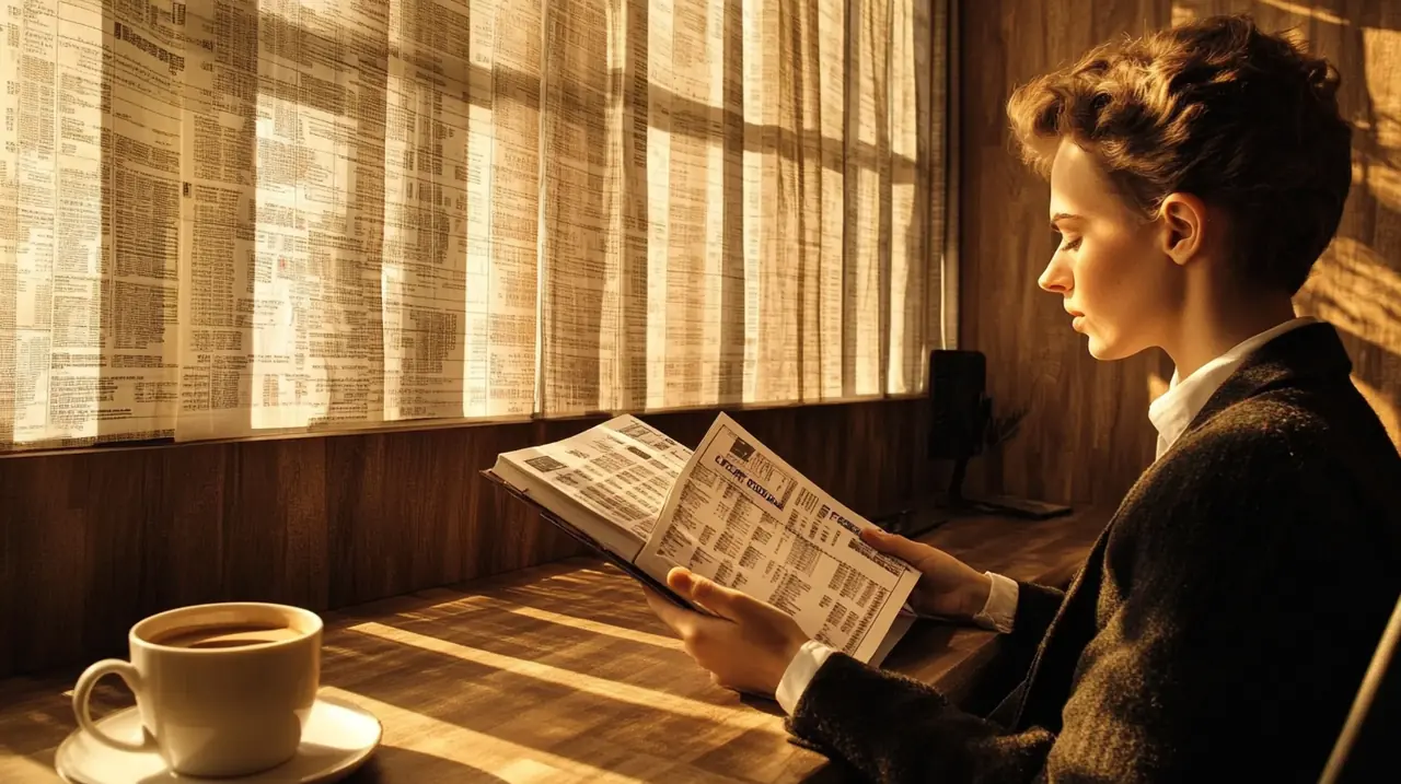 편안한 사무실에서 초보 투자자가 ETF 가이드를 읽으며 학습의 집중력을 유지합니다. 커피와 함께하는 차분한 분위기가 안정적입니다.