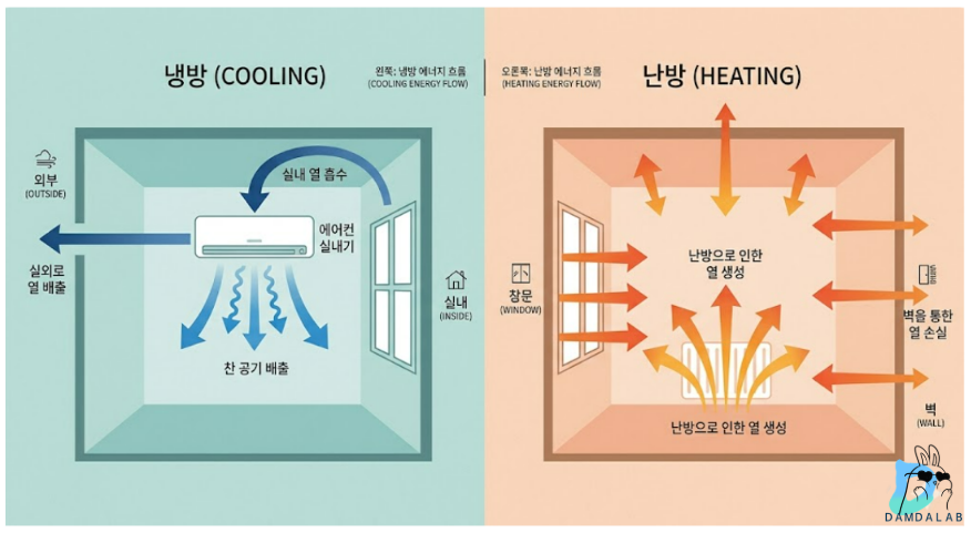 냉방비와 난방비 에너지 흐름 구조 비교