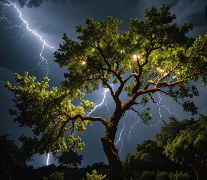 커다란 나무에 벼락이 치는 장면