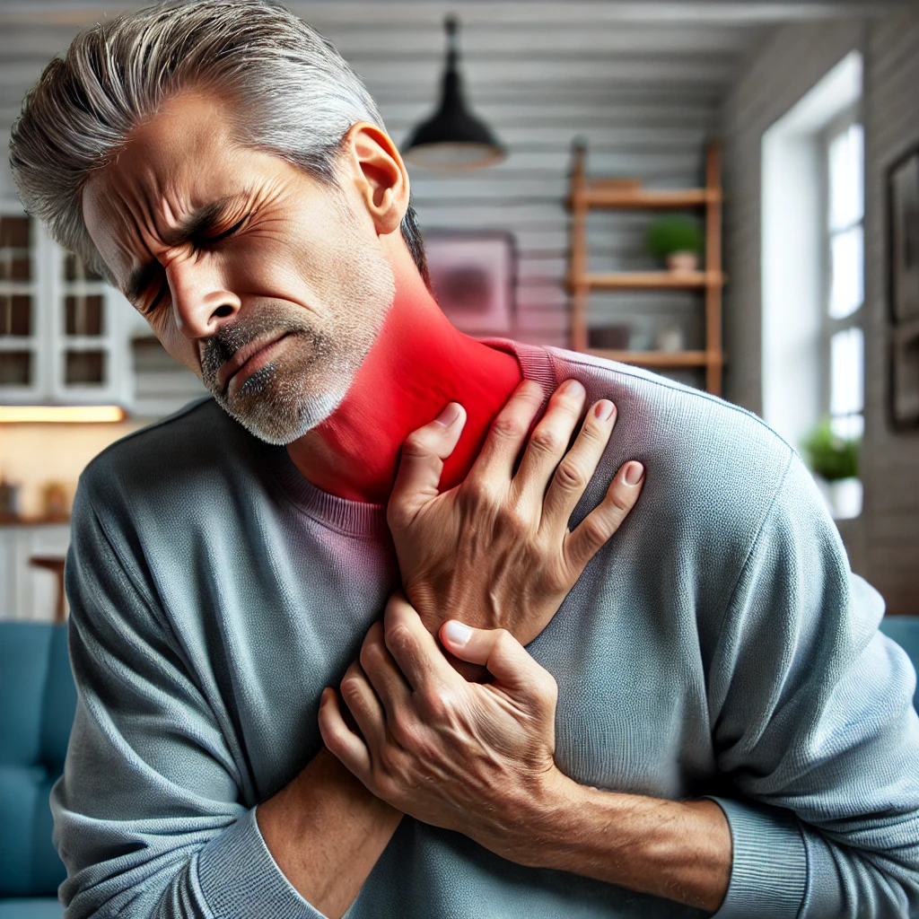 담이 와서 목이나 등 부위에 통증을 겪고 있는 중년 남자의 모습